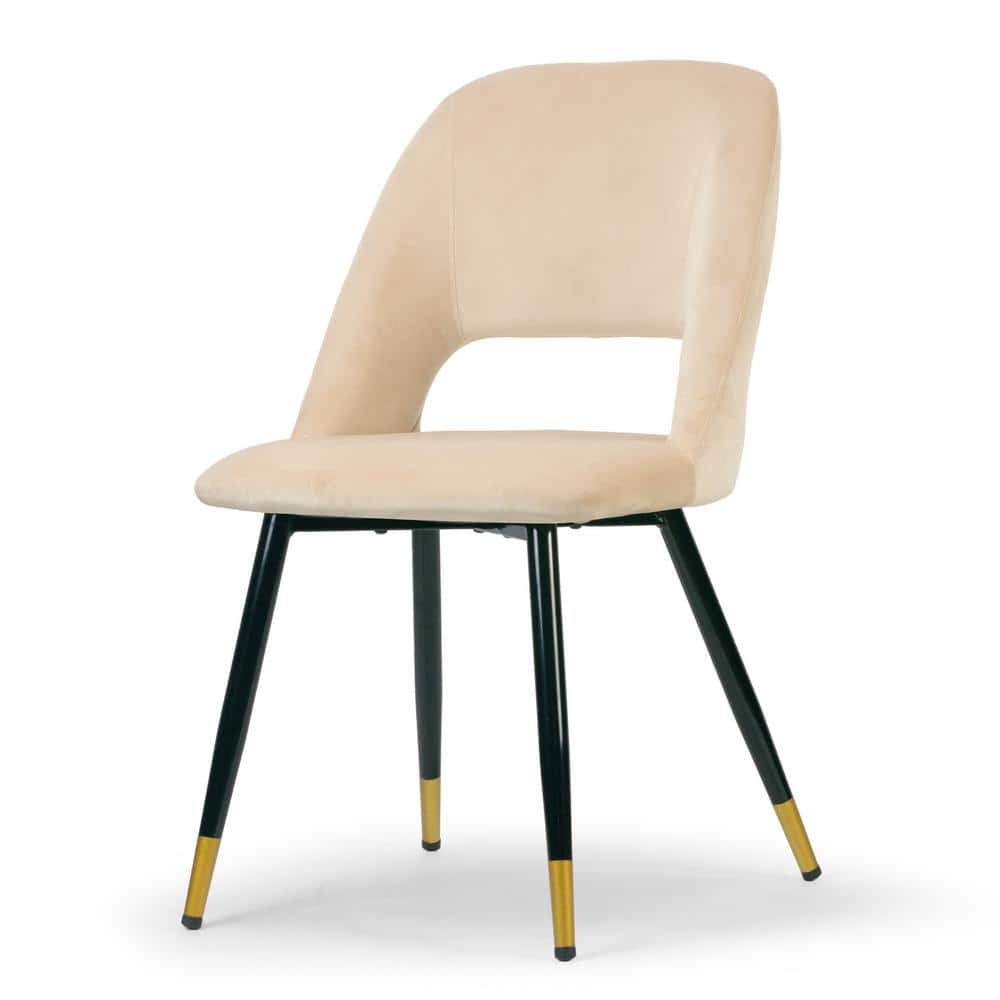 Beige Velvet Upholstered Side Chair with Black Metal Legs