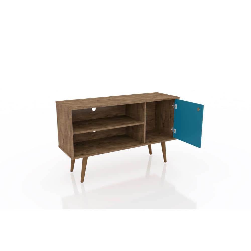 Rustic Brown and Aqua Blue 43" Wood TV Stand with Cabinet