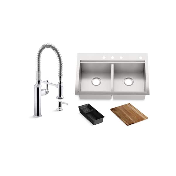KOHLER Lyric Workstation 33 in. Dual Mount Stainless Steel Double Bowl Kitchen Sink with Sous Semi Pro Kitchen Faucet