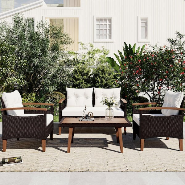 4-Piece Wicker Patio Conversation Seating Set with Beige Cushions