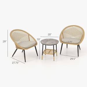 3-Piece Wicker Outdoor Bistro Set Metal Mesh Shell Side Chairs and Side Table Set with Beige Cushions