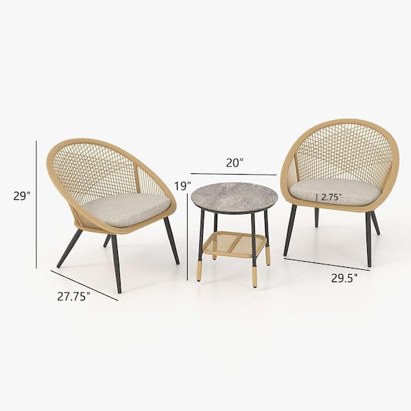 Mondawe 3-Piece Wicker Outdoor Bistro Set Metal Mesh Shell Side Chairs and Side Table Set with Beige Cushions