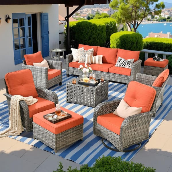 Daphne 9-Piece Wicker Patio Conversation Sofa Seating Swivel Rocking Chairs Set with Ottomans and Orange Red Cushions