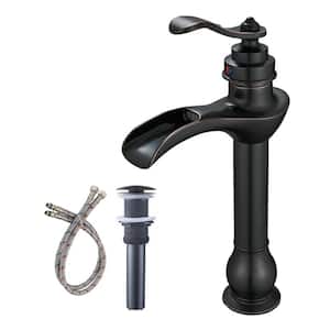 Single Hole Single Handle Waterfall Bathroom Vessel Sink Faucet with Pop-Up Drain Assembly Kit in Oil Rubbed Bronze