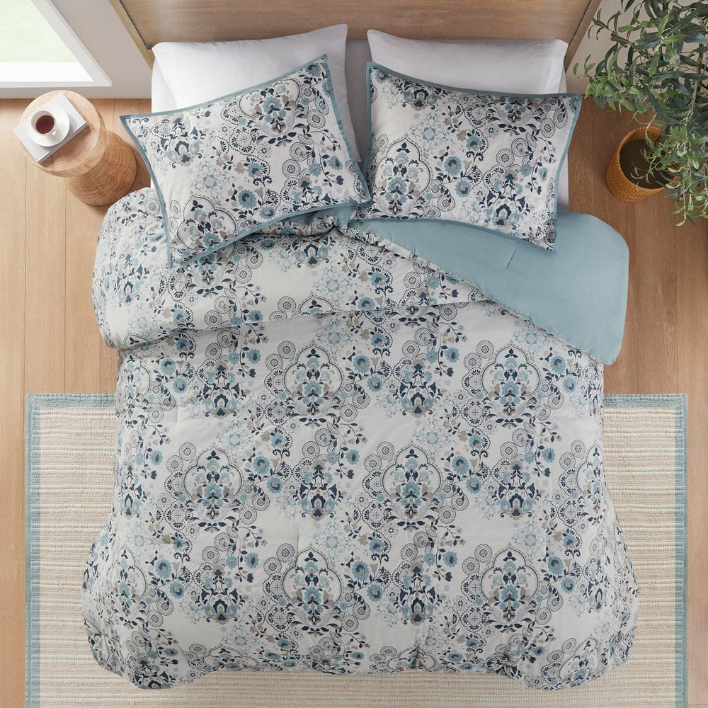 Blue Floral Cotton Down Alternative Comforter Set, Full