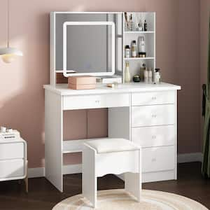 5-Drawers White Makeup Vanity Sets Dressing Table Sets with LED Dimmable Mirror, Stool and Storage Shelves