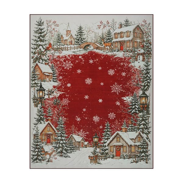 Snowy Village 8 ft. x 10 ft. Red Christmas Washable Area Rug