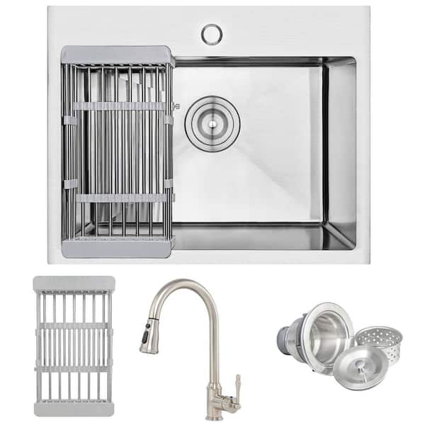 AKDY All-in-One 25 in. x 22 in. Drop-in Single Bowl Stainless Steel Kitchen Sink with Pull-Down Kitchen Faucet