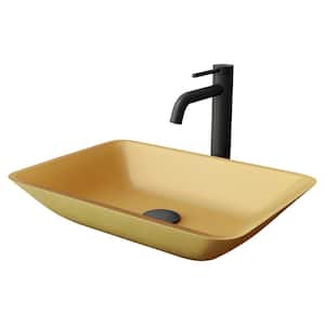 Matte Shell Sottile Glass Rectangular Vessel Bathroom Sink in Gold with Lexington Faucet and Pop-Up Drain in Matte Black