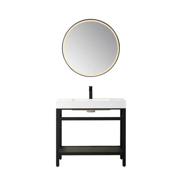 ROSWELL Ablitas 36 in. W x 20 in. D x 34 in. H Single Sink Bath Vanity in Matt Black with White Composite Stone Top and Mirror