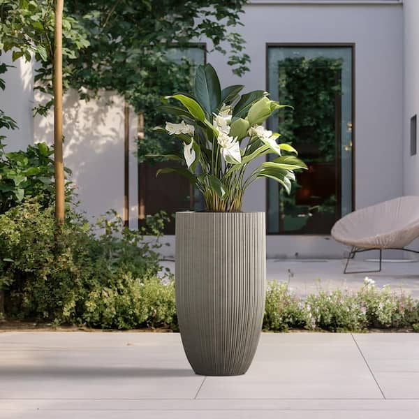 Lightweight Textured 13.5 in. x 24.5 in. Light Gray Large Tall Round Concrete Plant Pot/Planter for Indoor and Outdoor