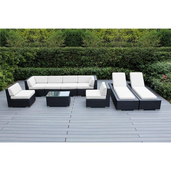 Black 9-Piece Wicker Patio Combo Conversation Set with Sunbrella Natural Cushions