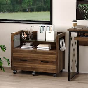 Single Drawer Brown Engineered Wood 29.8 in. Rolling Lateral File Cabinet with Open Shelf and Hooks