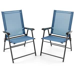 2 -Piece Folding Sling Back Chair Portable Armrests Metal Outdoor Dining Chair in Blue