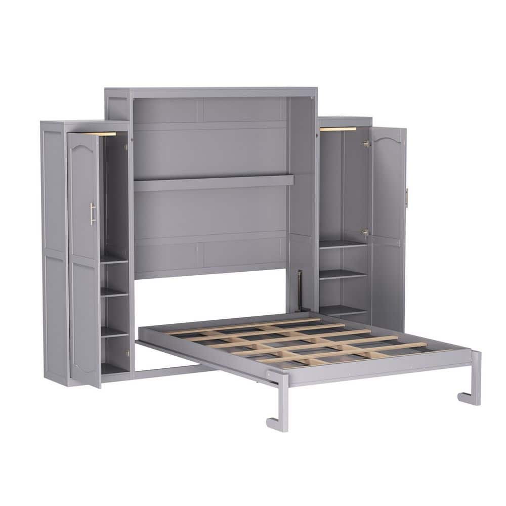 Gray Wood Frame Queen Size Murphy Bed Wall Bed with Wardrobes, Storage Shelves - thumbnail 6