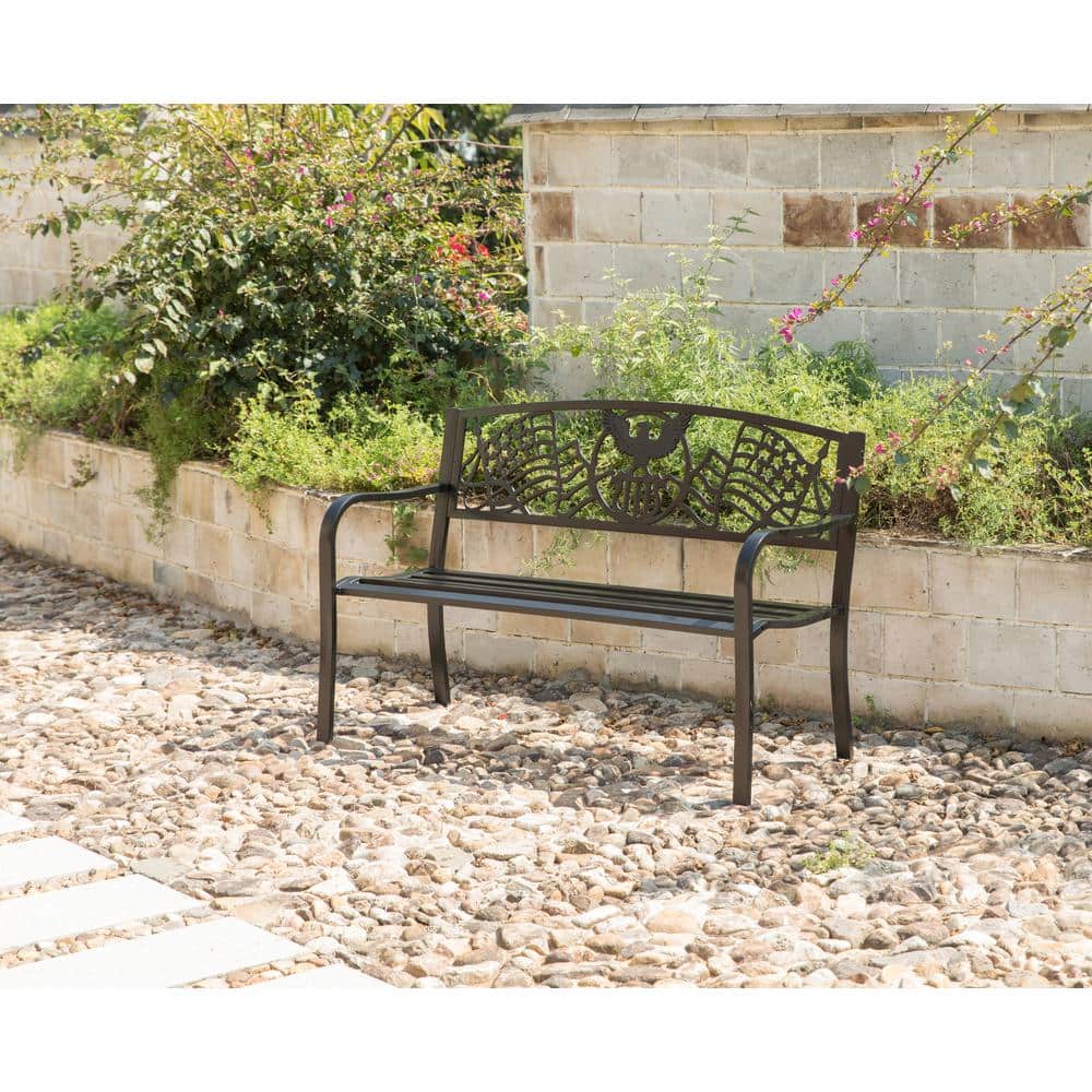 Black Steel Outdoor Patio Bench with Cast Iron American Flag Backrest
