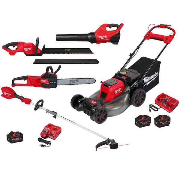 M18 FUEL Brushless 21 in. Self-Propelled Mower w/ String Trimmer, Blower, Hedger, Chainsaw, (2) 12Ah & (1) 8Ah Batteries