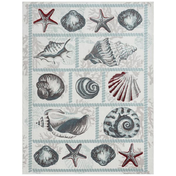 Home Dynamix Marine Seashells Ivory/Blue 8 ft. x 10 ft. Indoor/Outdoor Area Rug