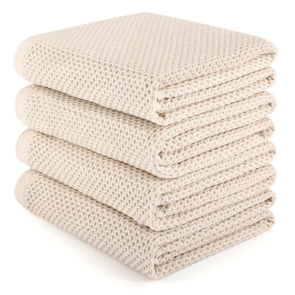 Cream Honeycomb Cotton Kitchen Towels, 16 x 28 in. Extra-Absorbent Dish Towels, Set of 4, Soft Weave