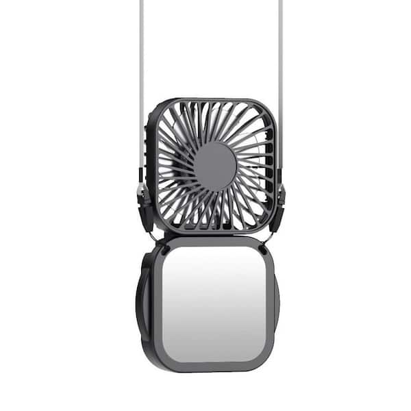Portable Handheld Hanging Neck Foldable 5 in. 3 Fan Speeds Desk Fan Black with 3000 mAh Battery, Quiet and Strong Wind