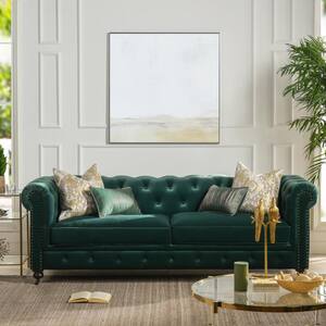 Winston 38 in. Forest Green Velvet 3-Seater Chesterfield Sofa with Nailheads