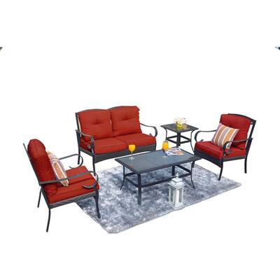 Rose 5-Pieces Metal Patio Conversation Set with Red Cushions