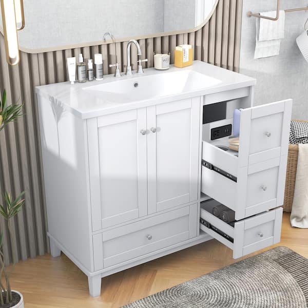 Magic Home 36 in. x 18in. x 34 in. Built-in USB Charging Freestanding Bathroom Vanity Storage Cabinet in White w/ White Caremic Top
