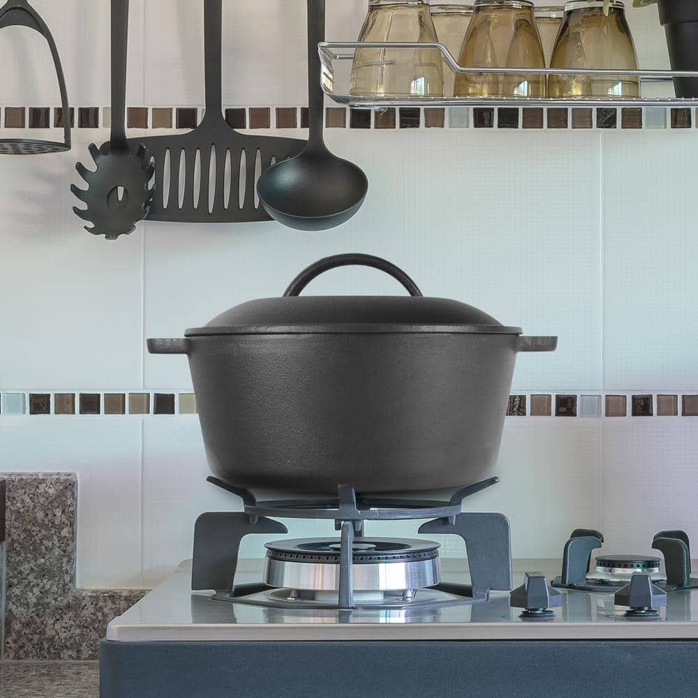 Black 5 Quart Cast Iron Dutch Oven with Dome Lid and Handles