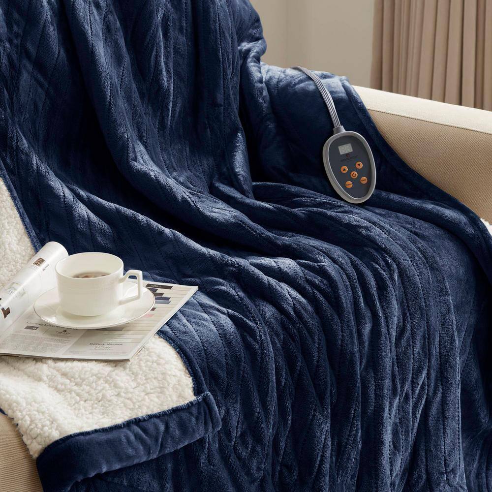 Indigo Twin Reversible Sherpa Knitted Heated Blanket