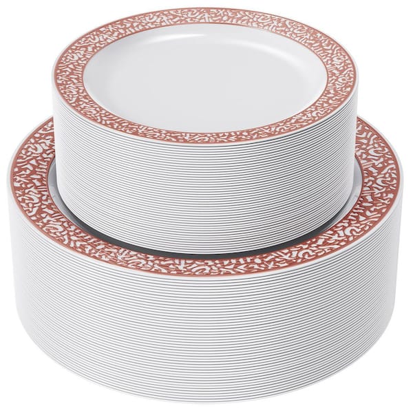 Rose Gold Lace Plastic Plates Set 102 Count Dinner 10.25 in and Salad 7.5 in White