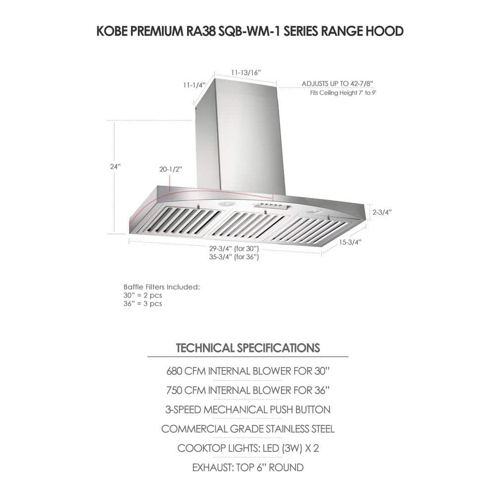 36-Inch Stainless Steel Wall Mount Range Hood with LED Lights