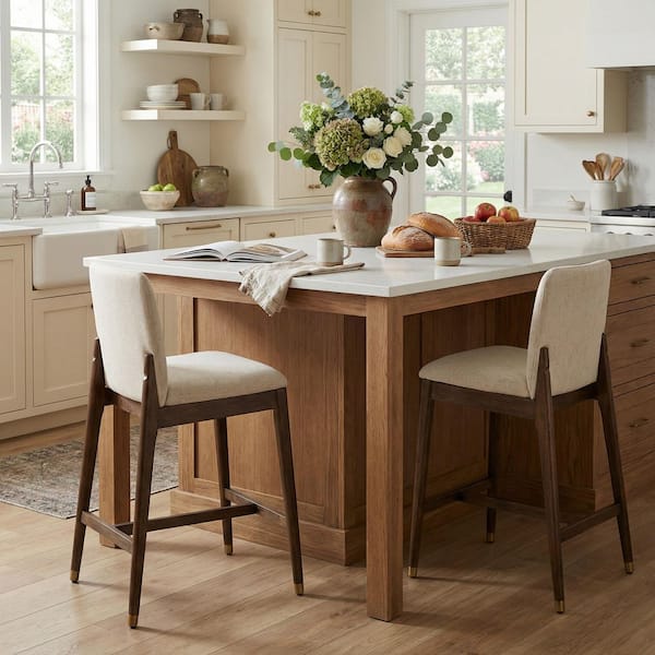 38 in. H Walnut Finish Solid Wood Frame Counter Stools, Bar Chairs with Beige Cushion (Set of 2)