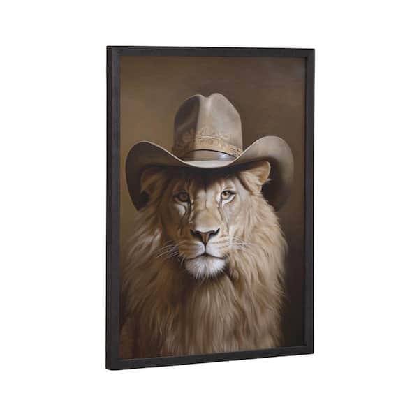 Kate and Laurel Gallery Lion Wearing a Western Cowboy Hat by Black Framed Art Print 12 in. x 16 in.