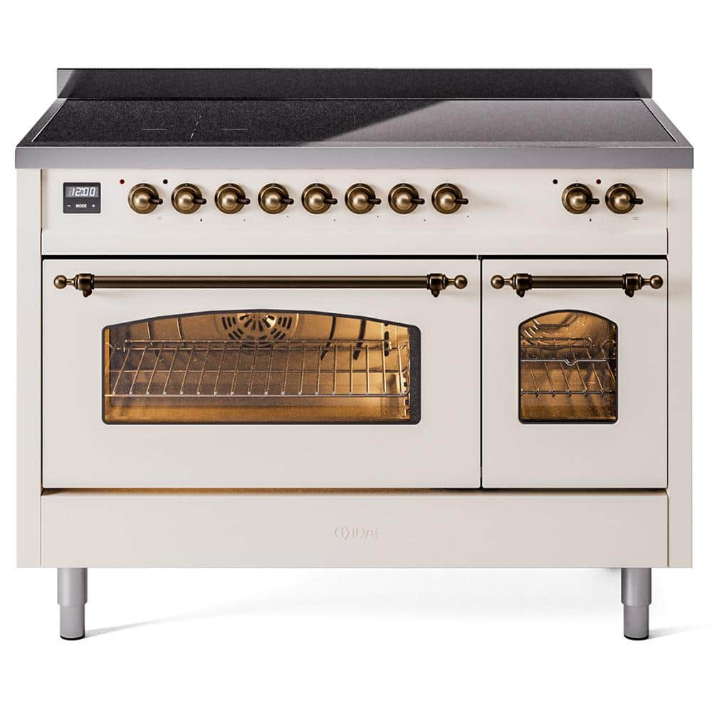 Nostalgie 48 in. 6 Zone Freestanding Double Oven Induction Range in Antique White with Bronze Trim -  ILVE, UPI486NMPAWB