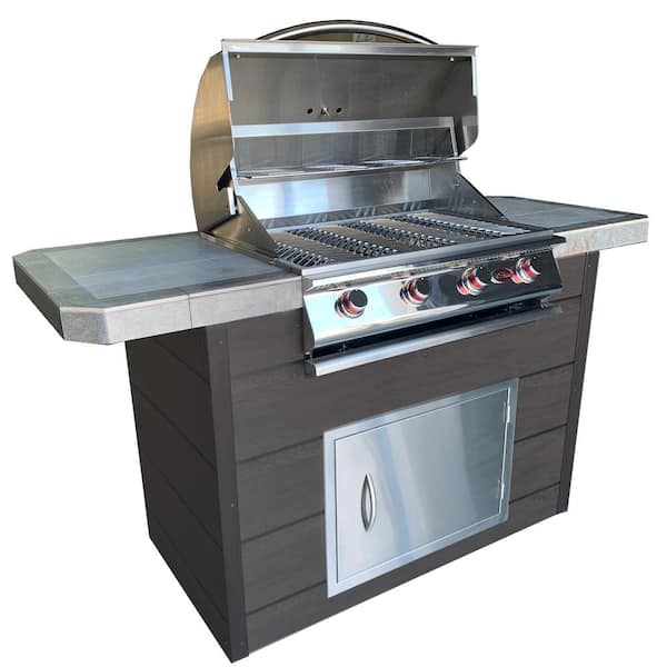 Cal Flame 7 ft. Synthetic Wood Panel BBQ Island with 4-Burner Grill in Stainless steel