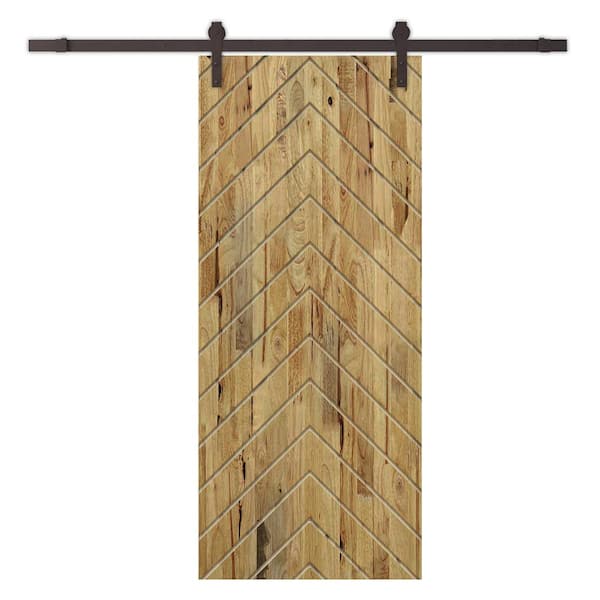 CALHOME Herringbone 30 in. x 96 in. Fully Assembled Weather Oak Stained Wood Modern Sliding Barn Door with Hardware Kit