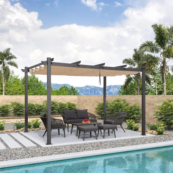 PURPLE LEAF 10 ft. x 13 ft. Gray Aluminum Frame Morden Pergola with Beige Retractable Sun Shade Canopy for Garden Grill
