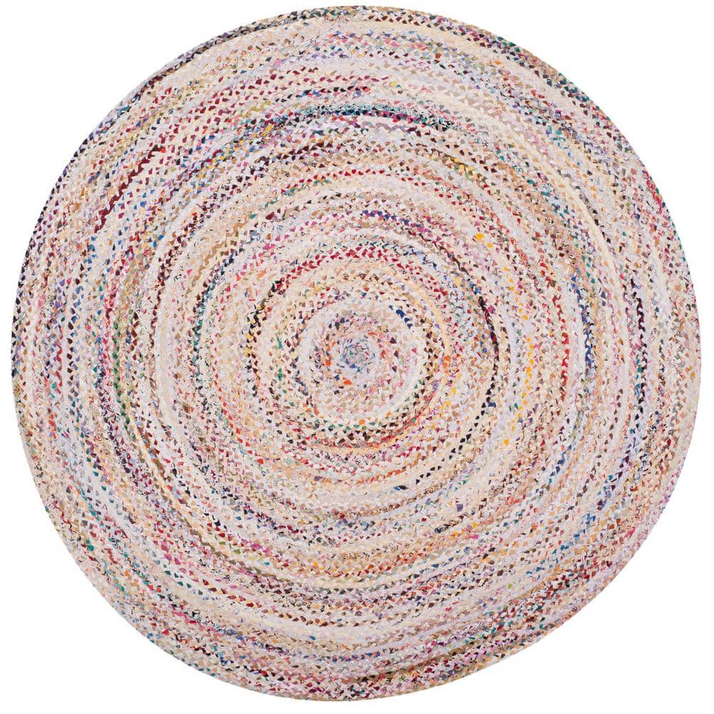 SAFAVIEH Braided Ivory/Multi 7 ft. x 7 ft. Round Border Area Rug