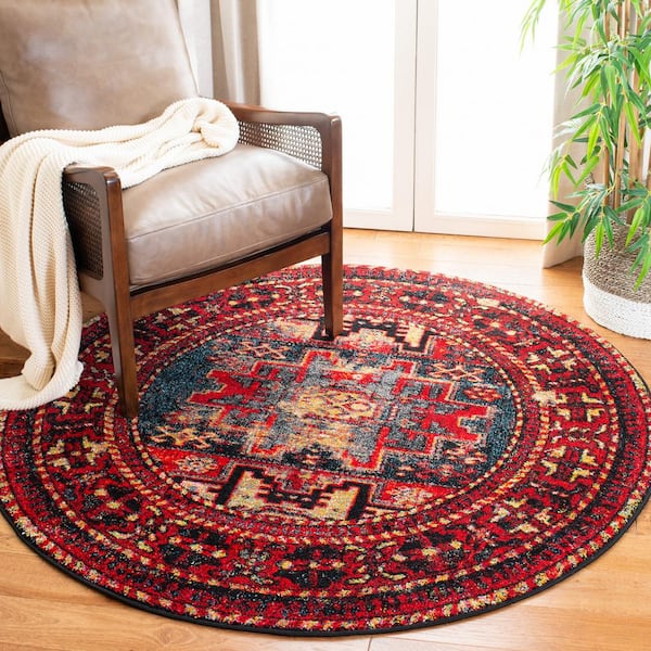 Vintage Hamadan Red/Multi 8 ft. x 8 ft. Medallion Border Round Area Rug