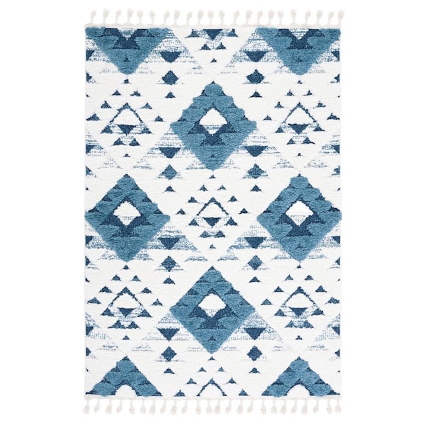 SAFAVIEH Moroccan Tassel Shag Blue/Ivory 2 ft. x 4 ft. High-Low Geometric Fringe Area Rug