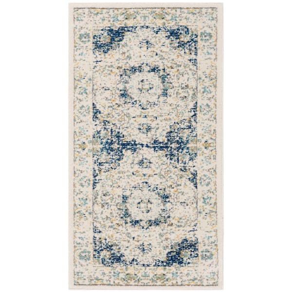SAFAVIEH Evoke Doormat 2 ft. x 4 ft. Ivory/Blue Distressed Border Medallion Area Rug