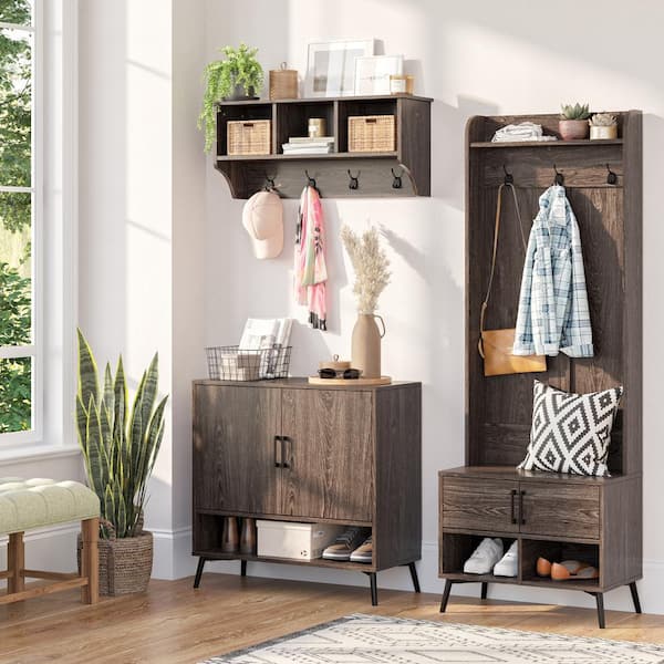 RiverRidge Home Woodbury Weathered Woodgrain Entryway Wall Coat Rack Storage with Hooks and Open Cubby Shelves for Hallway 16 030
