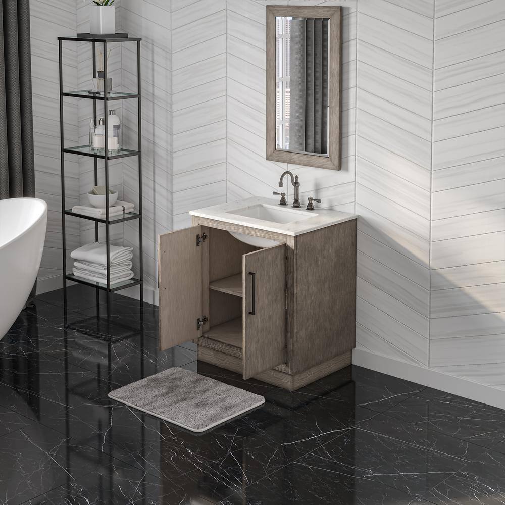 Rustic Grey Oak 30'' Freestanding Vanity with White Marble Top