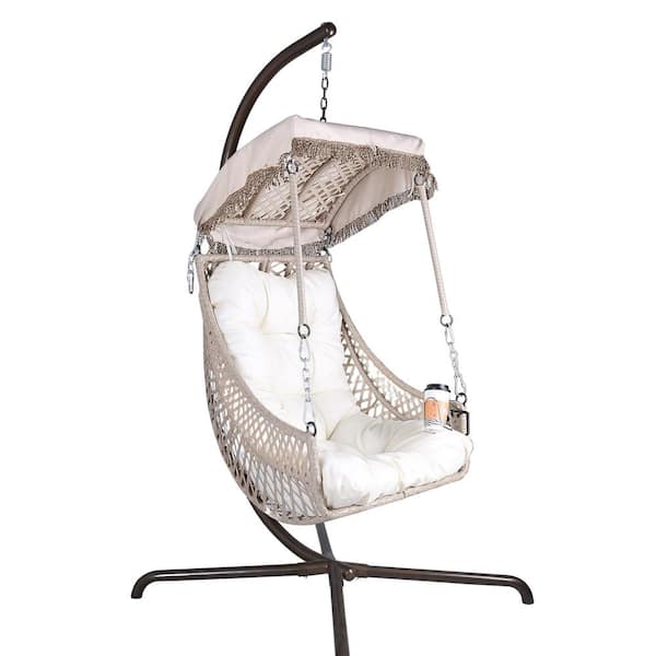 Unbranded Metal Swing Egg Chair with Stand Indoor Outdoor Hammock Chair for Patio Bedroom with Sunshade Cloth and Beige Cushion