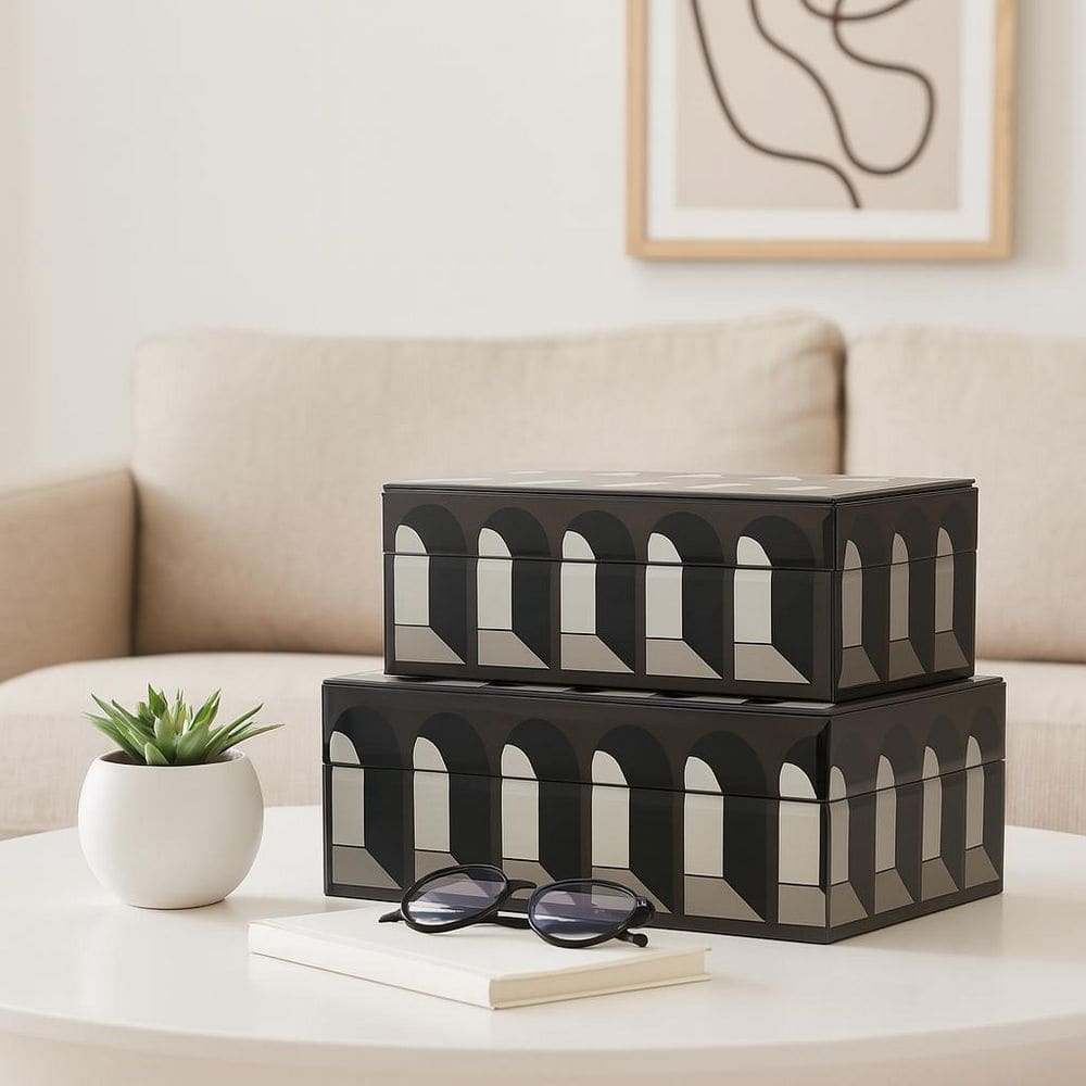 Black/White 8/11 in. Glass Wood Arch Doorway Decorative Boxes (Set of 2)