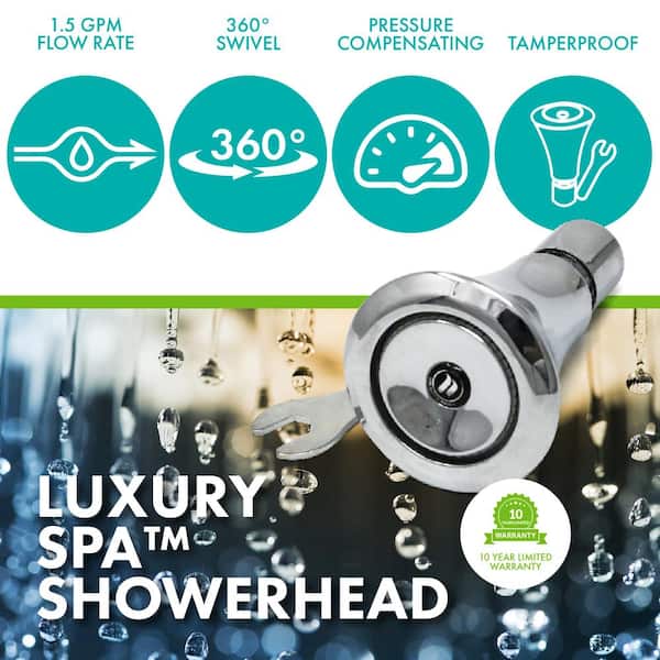 Luxury Spa 1-Spray with 1.5 GPM 2.35 in. Wall Mount Adjustable Tamperproof Fixed Shower Head in Chrome, (1-Pack)
