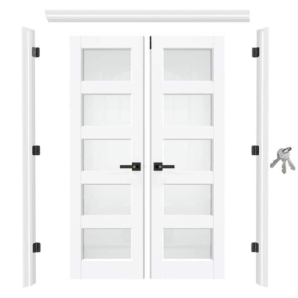 48 in. x 80 in. 5 Lite Frosted Glass Primed Wood Door with Jamb, Privacy Lever & Top Latch, Assembly Required Door Kit