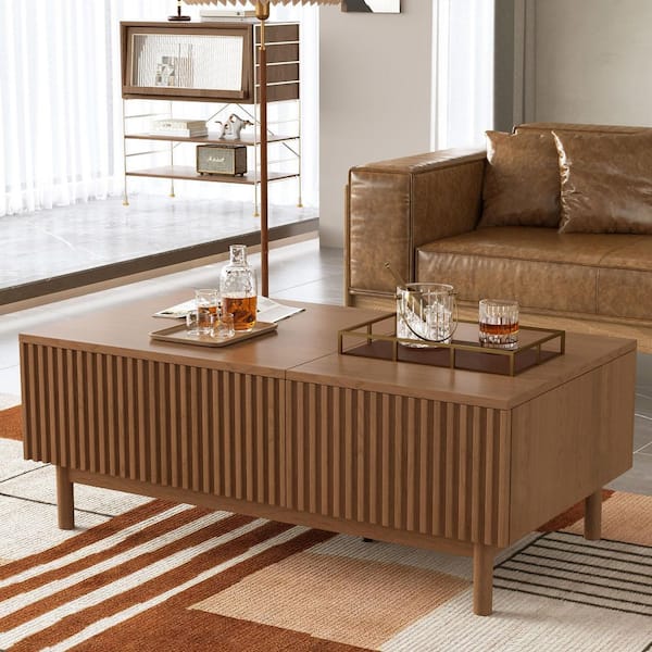 51.1 in. Walnut Rectangle Wood Coffee Table Lift Top Coffee Table Hidden Storage and 2 Drawers