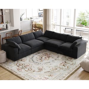 120.45 in. 5-Piece Square Arm 30% Linen Down Filled Rectangle Seperable L-Shape Corner Sectional Sofa Couch in Black