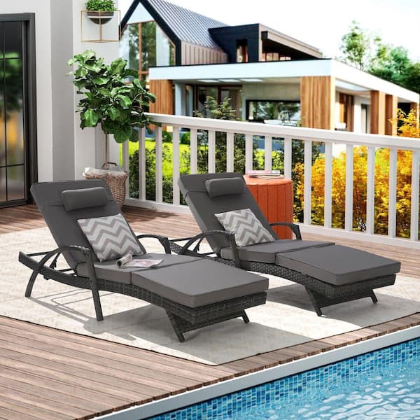 Gray Wicker Outdoor Lounge Chair Recliner with Beige Cushions